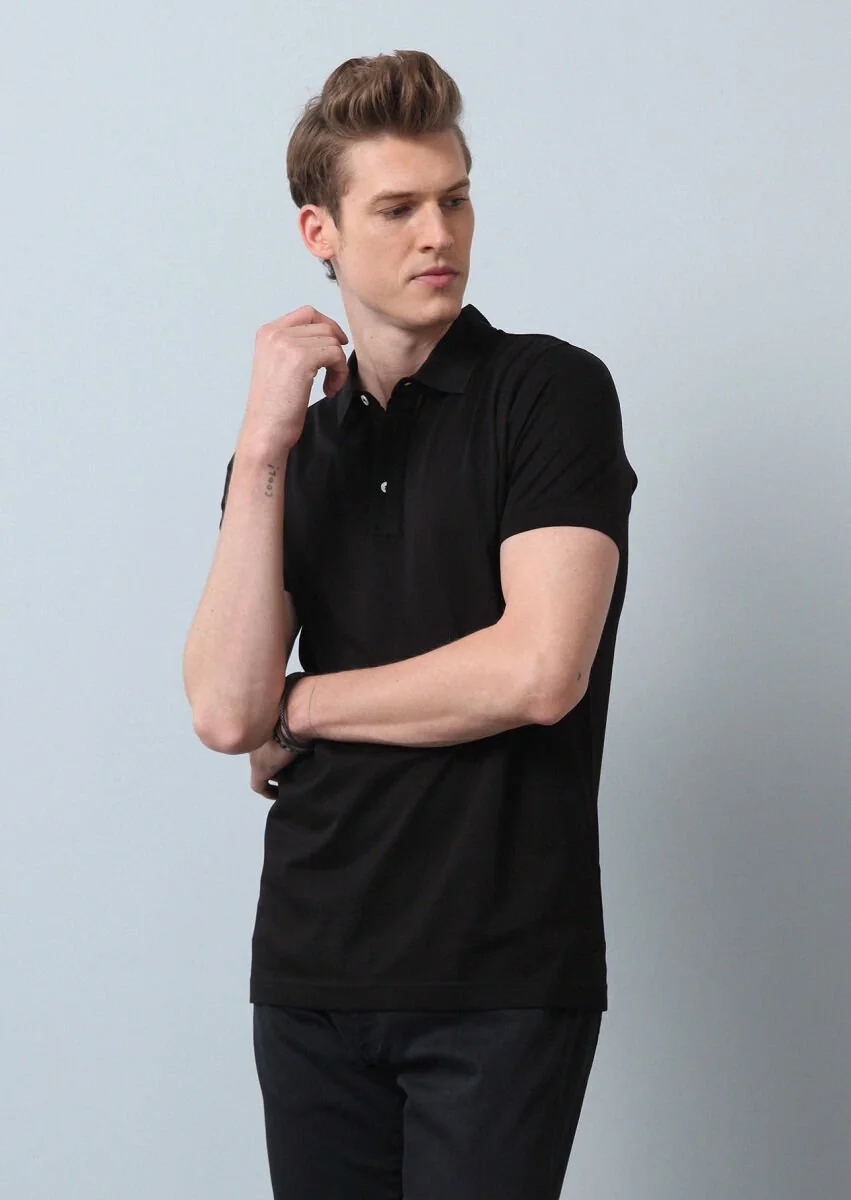 Siyah Düz Polo Yaka %100 Pamuk T-Shirt - 1