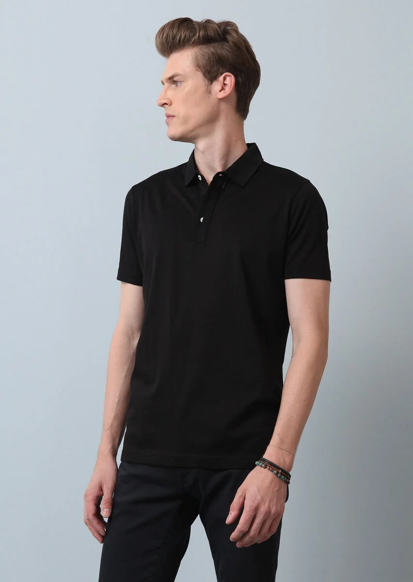 Siyah Düz Polo Yaka %100 Pamuk T-Shirt - 2