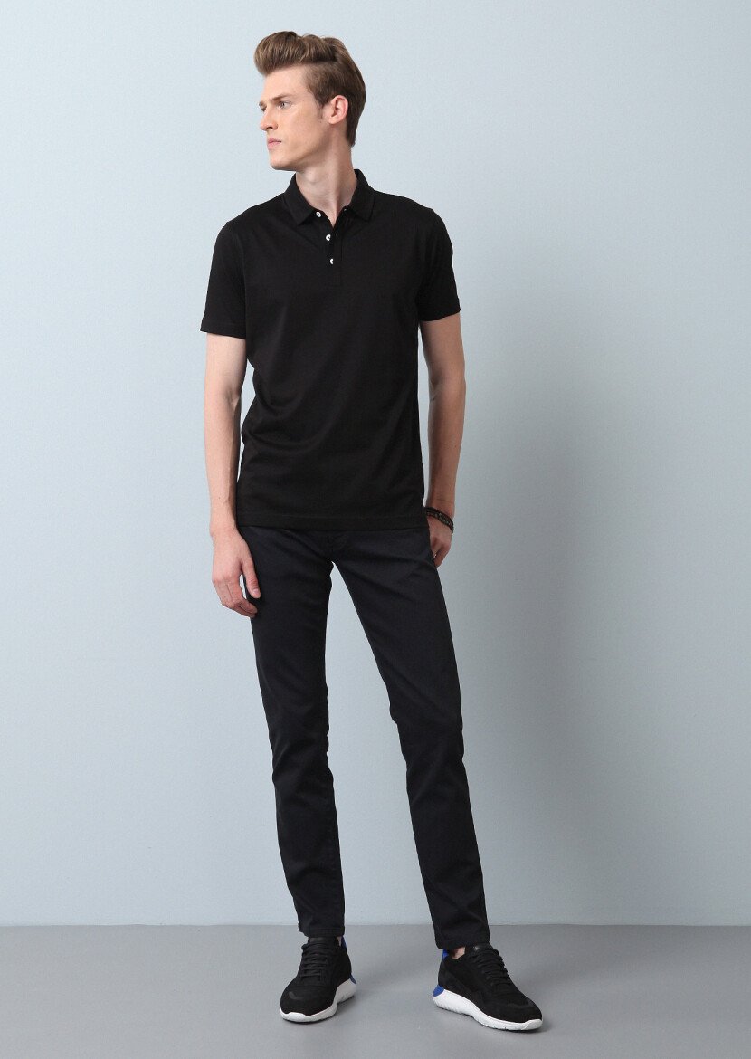 Siyah Düz Polo Yaka %100 Pamuk T-Shirt - 3