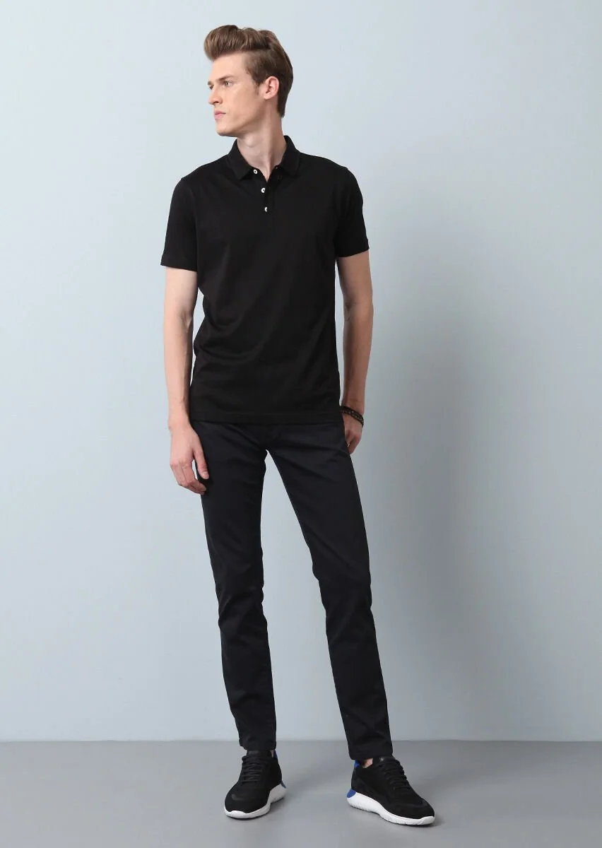 Siyah Düz Polo Yaka %100 Pamuk T-Shirt - 3
