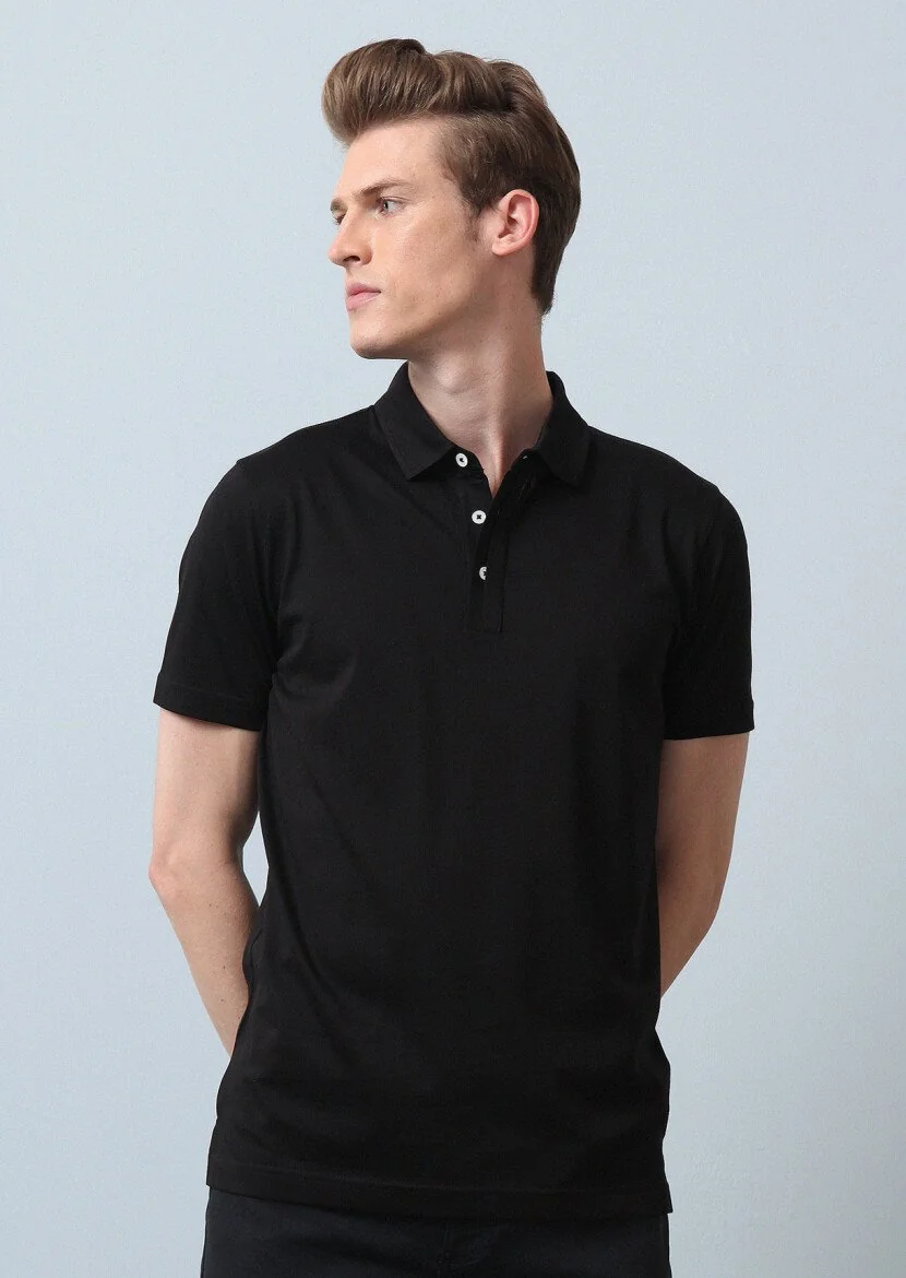 Siyah Düz Polo Yaka %100 Pamuk T-Shirt - 4