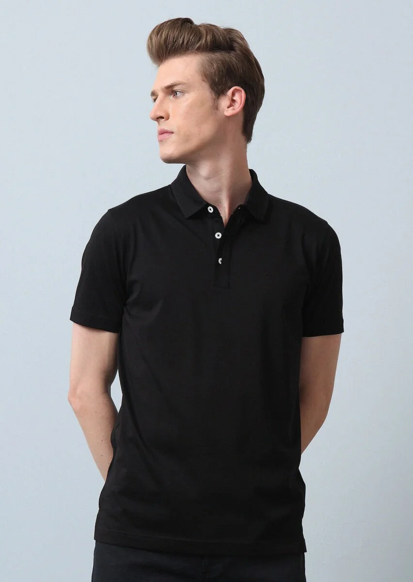 Siyah Düz Polo Yaka %100 Pamuk T-Shirt - 4