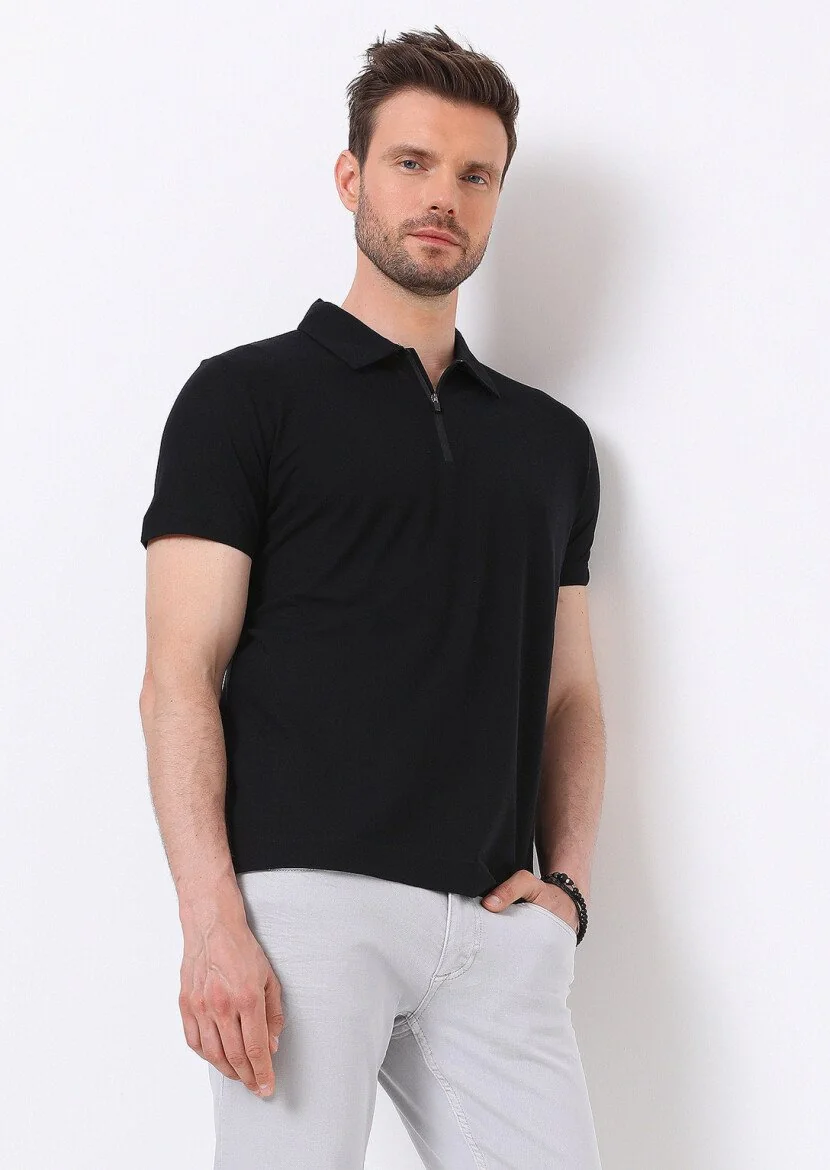 Siyah Düz Polo Yaka %100 Pamuk T-Shirt 