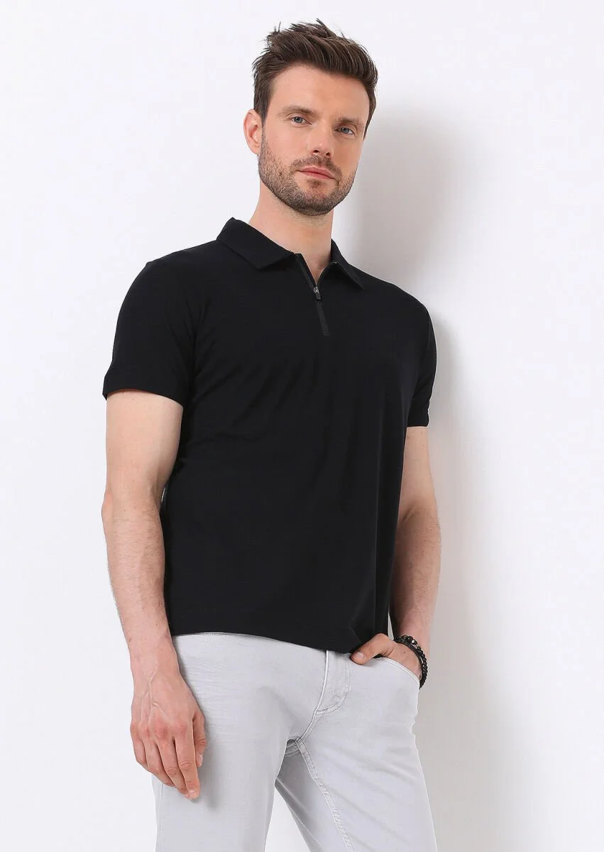 Siyah Düz Polo Yaka %100 Pamuk T-Shirt - 1