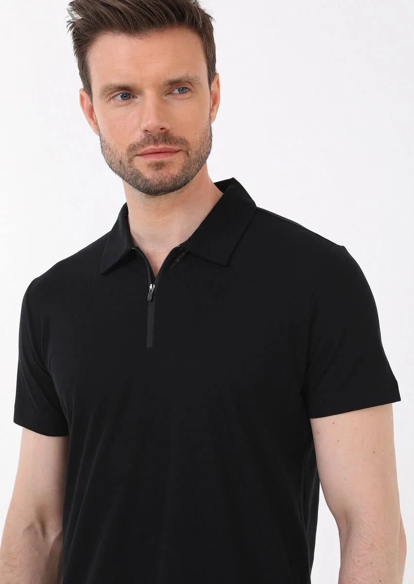 Siyah Düz Polo Yaka %100 Pamuk T-Shirt - 2