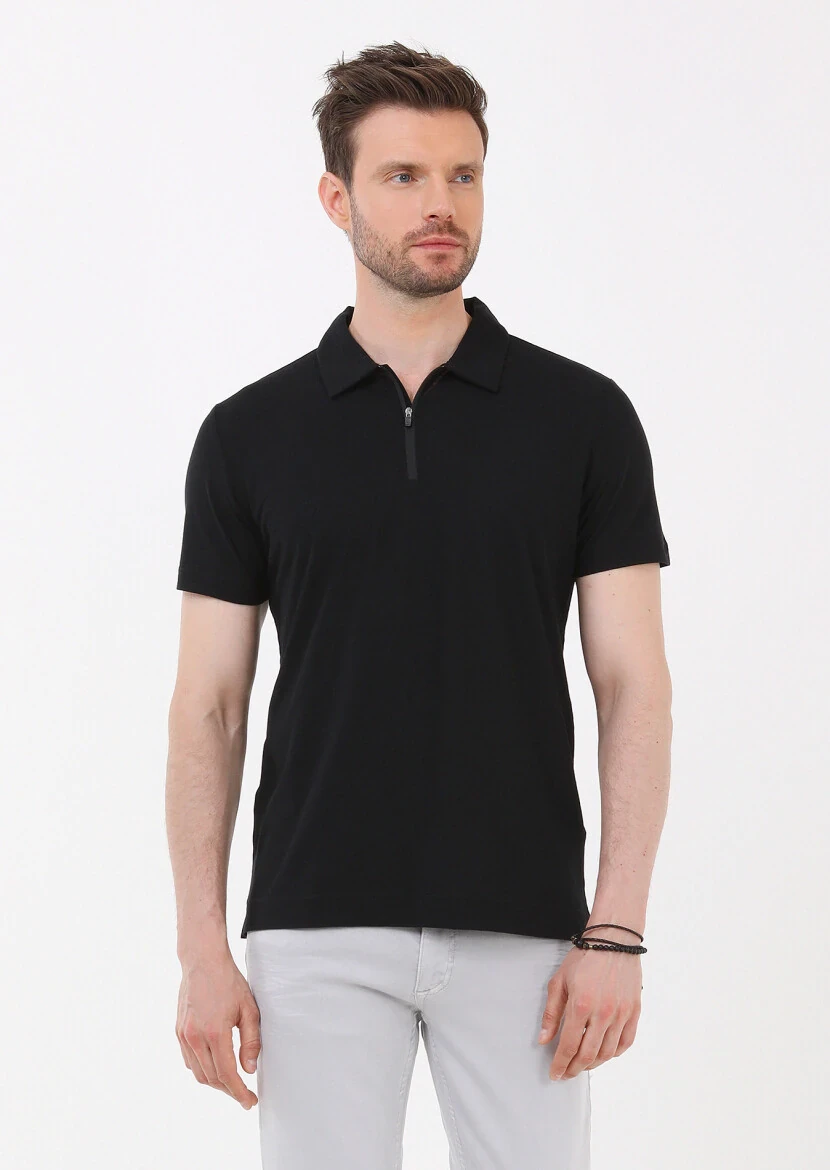Siyah Düz Polo Yaka %100 Pamuk T-Shirt - 3