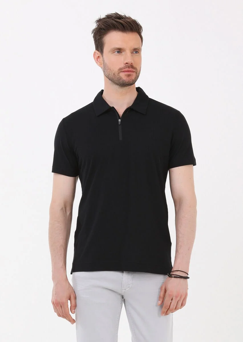 Siyah Düz Polo Yaka %100 Pamuk T-Shirt - 3