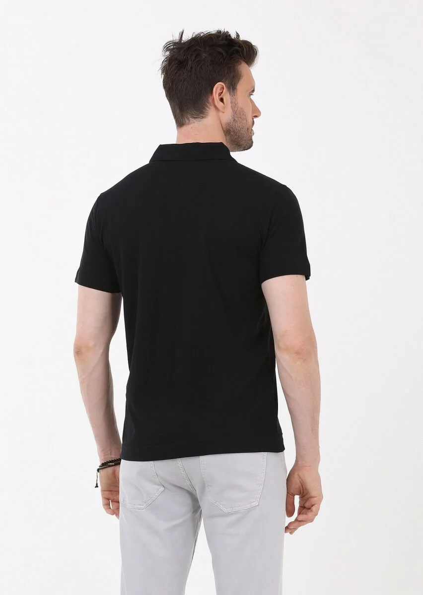 Siyah Düz Polo Yaka %100 Pamuk T-Shirt - 5