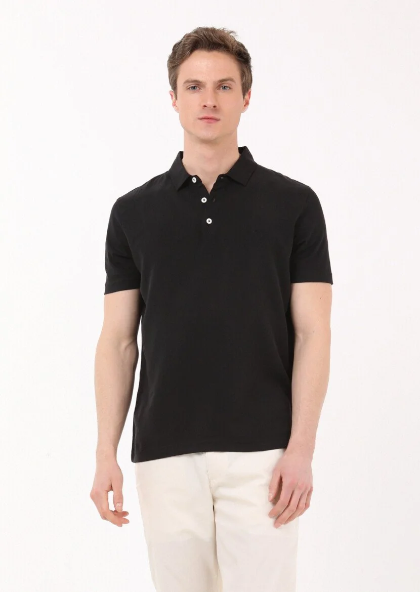 Siyah Düz Polo Yaka %100 Pamuk T-Shirt - 1