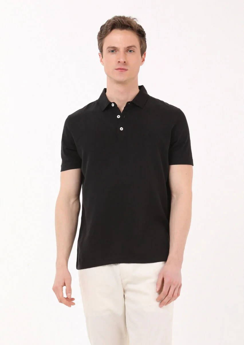 Siyah Düz Polo Yaka %100 Pamuk T-Shirt - 1