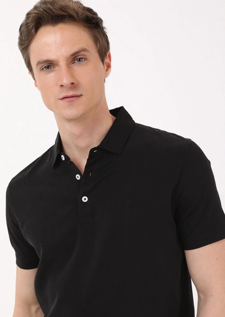 Siyah Düz Polo Yaka %100 Pamuk T-Shirt - 2