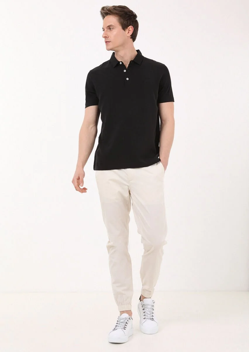 Siyah Düz Polo Yaka %100 Pamuk T-Shirt - 3