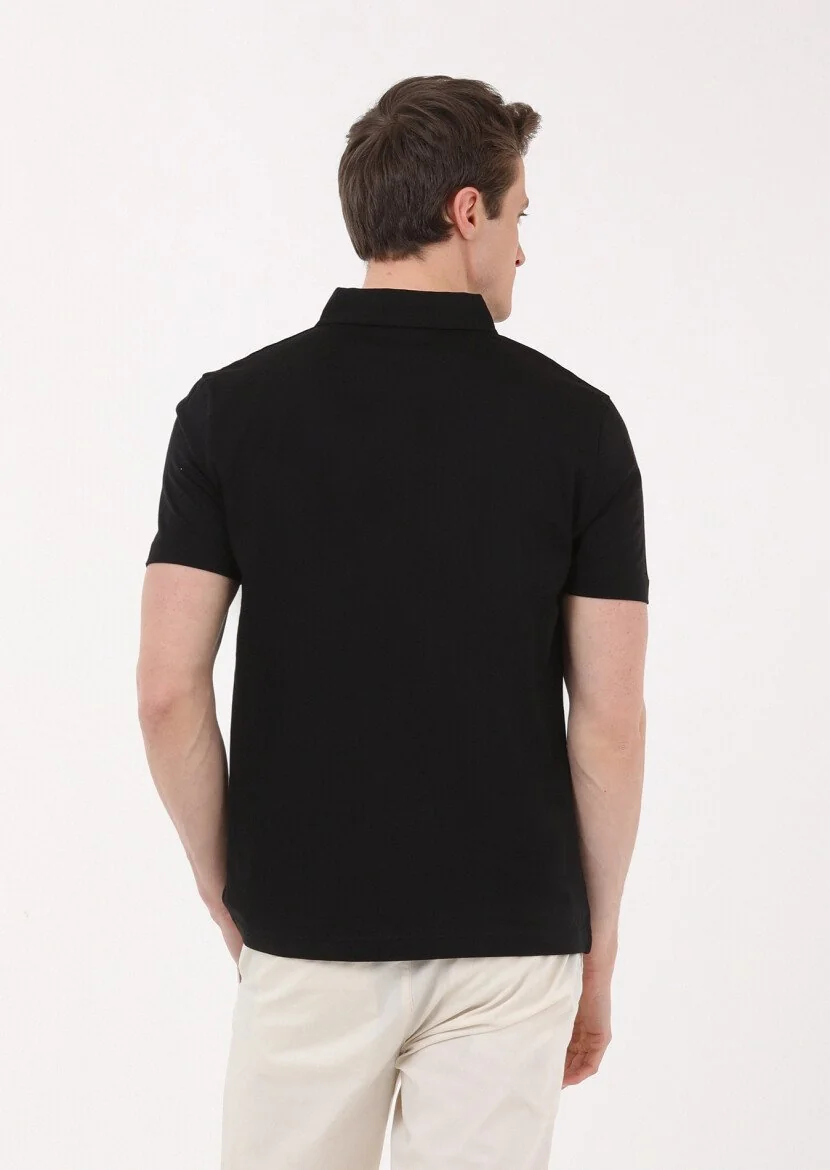 Siyah Düz Polo Yaka %100 Pamuk T-Shirt - 4