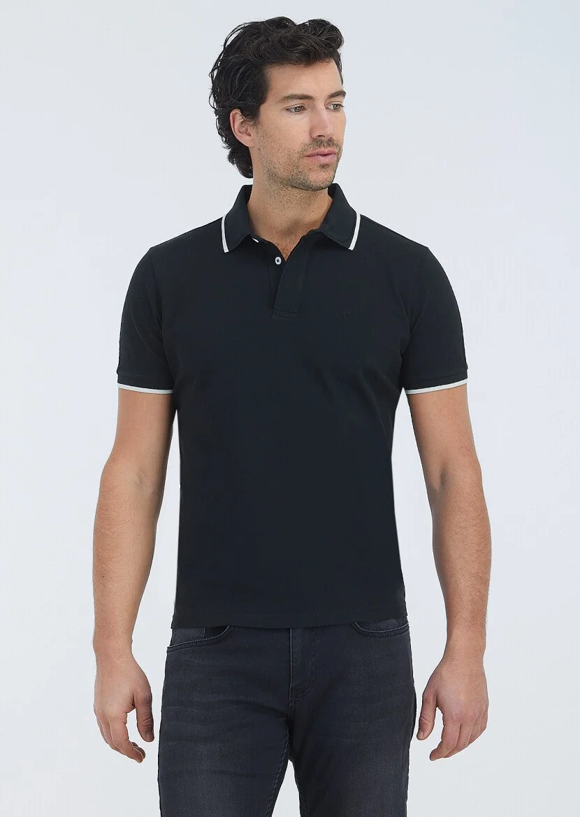 Siyah Düz Polo Yaka %100 Pamuk T-Shirt 