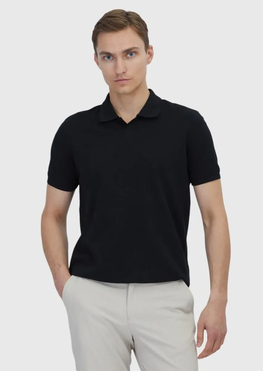 Siyah Düz Polo Yaka %100 Pamuk T-Shirt - 1