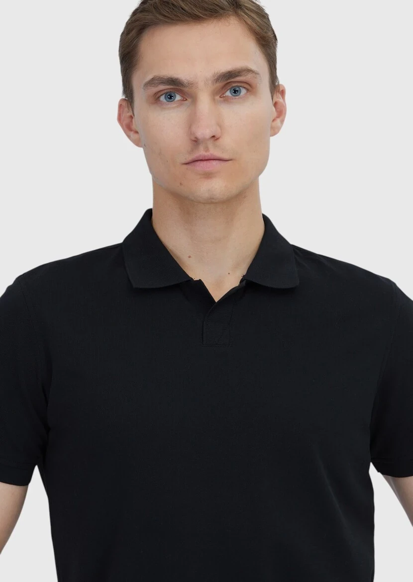 Siyah Düz Polo Yaka %100 Pamuk T-Shirt - 3