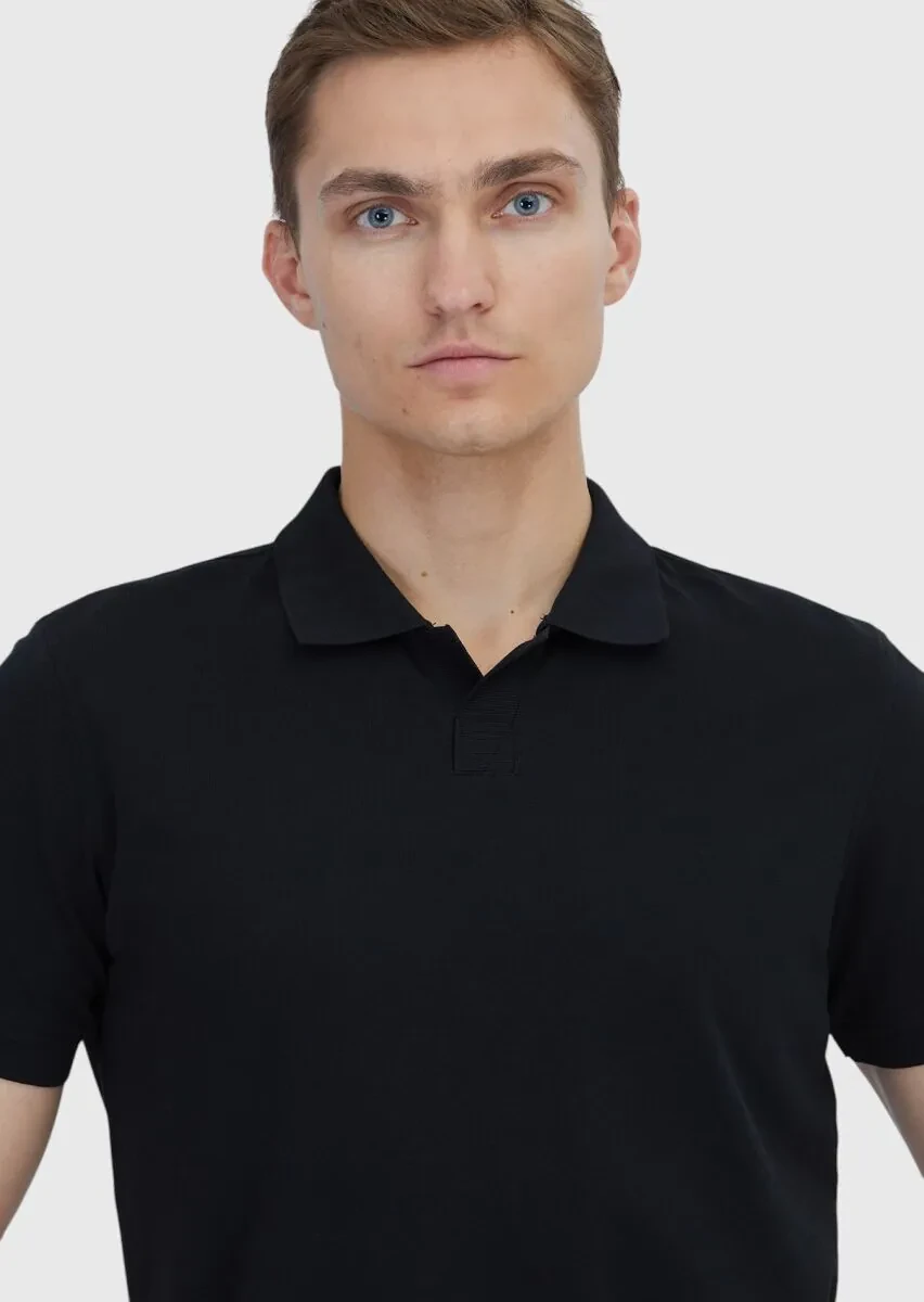 Siyah Düz Polo Yaka %100 Pamuk T-Shirt - 3