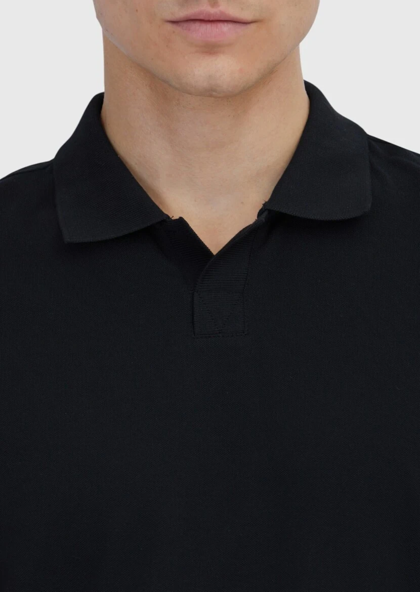 Siyah Düz Polo Yaka %100 Pamuk T-Shirt - 4