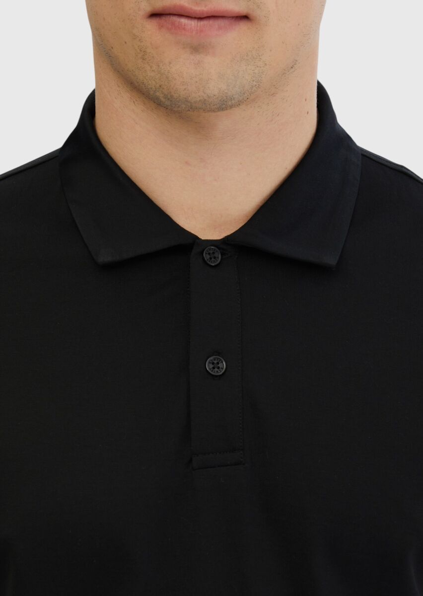 Siyah Düz Polo Yaka %100 Pamuk T-Shirt - 4