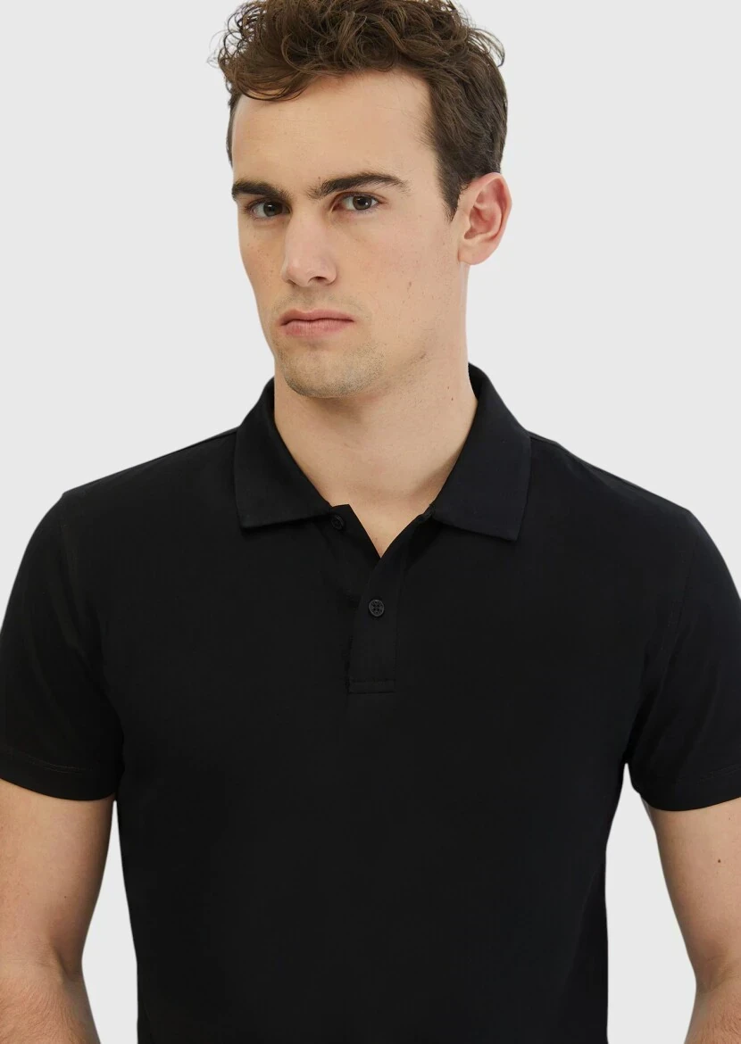 Siyah Düz Polo Yaka %100 Pamuk T-Shirt - 3