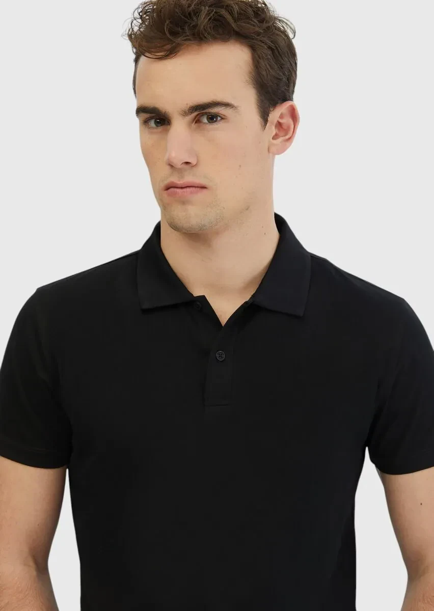 Siyah Düz Polo Yaka %100 Pamuk T-Shirt - 3
