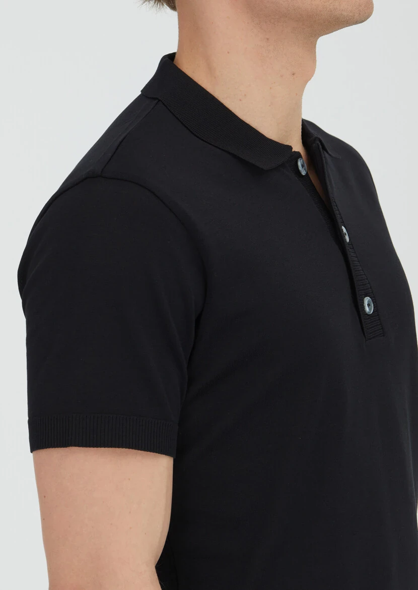 Siyah Düz Polo Yaka %100 Pamuk T-Shirt - 3