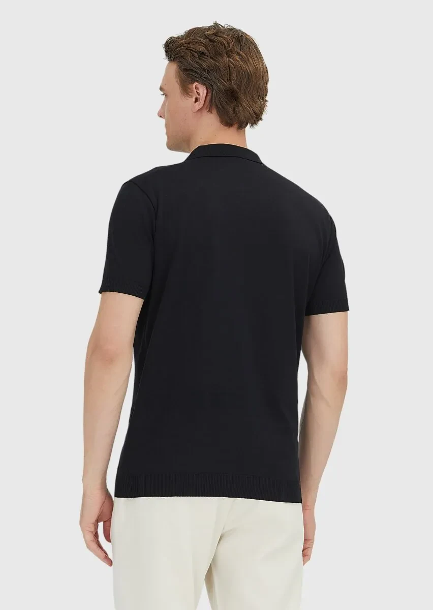 Siyah Düz Polo Yaka %100 Pamuk T-Shirt - 5