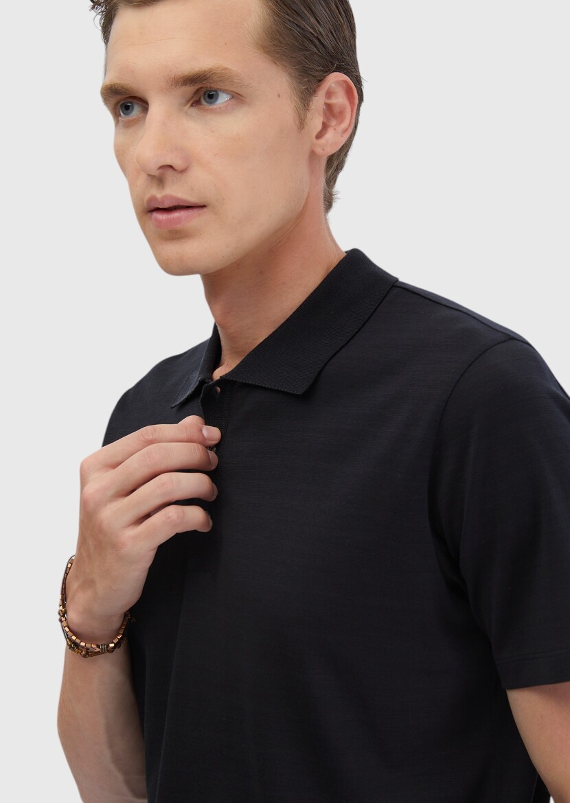 Siyah Düz Polo Yaka Pamuk Karışımlı T-Shirt - 5