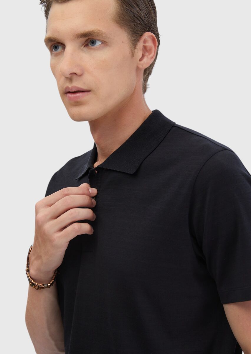 Siyah Düz Polo Yaka Pamuk Karışımlı T-Shirt - 5