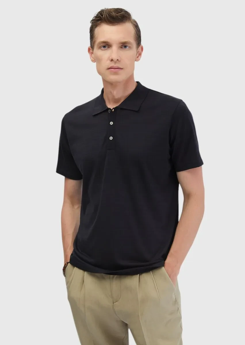 Siyah Düz Polo Yaka Pamuk Karışımlı T-Shirt - 1