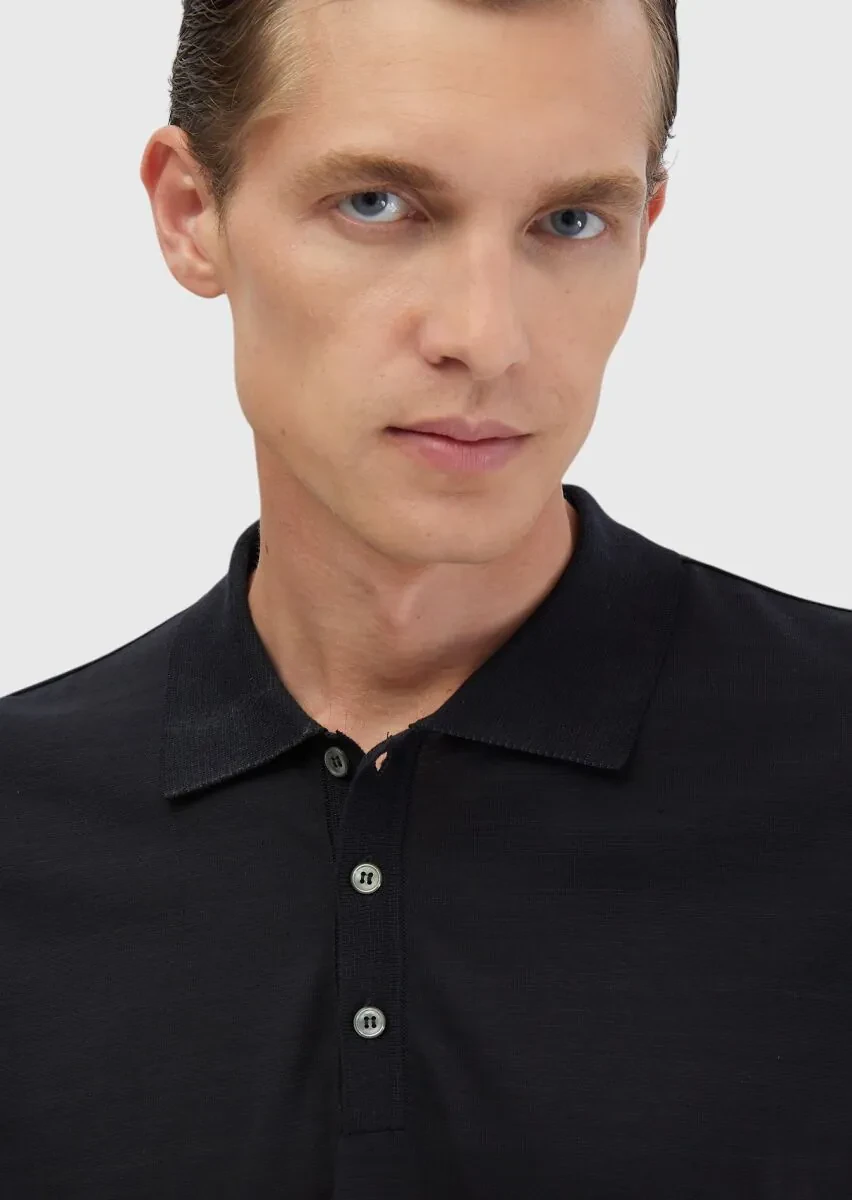Siyah Düz Polo Yaka Pamuk Karışımlı T-Shirt - 3
