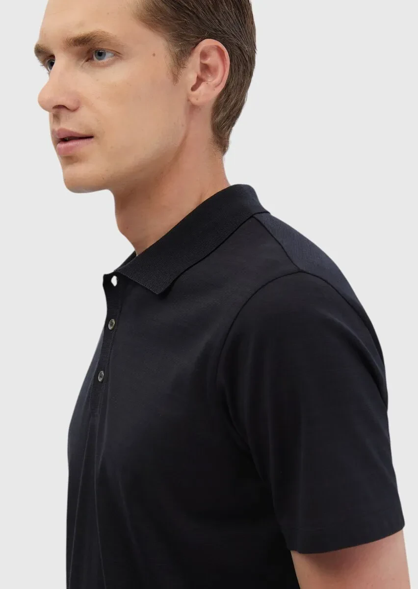 Siyah Düz Polo Yaka Pamuk Karışımlı T-Shirt - 4