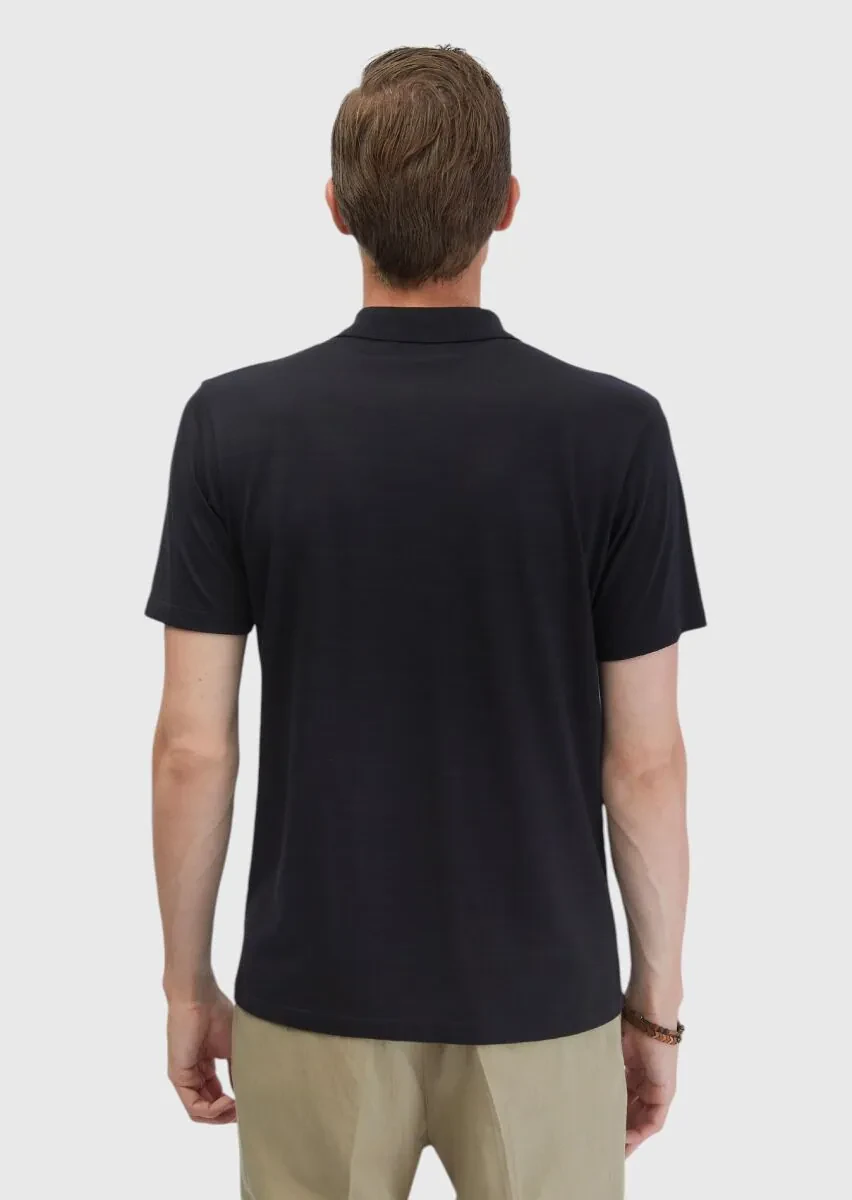 Siyah Düz Polo Yaka Pamuk Karışımlı T-Shirt - 6