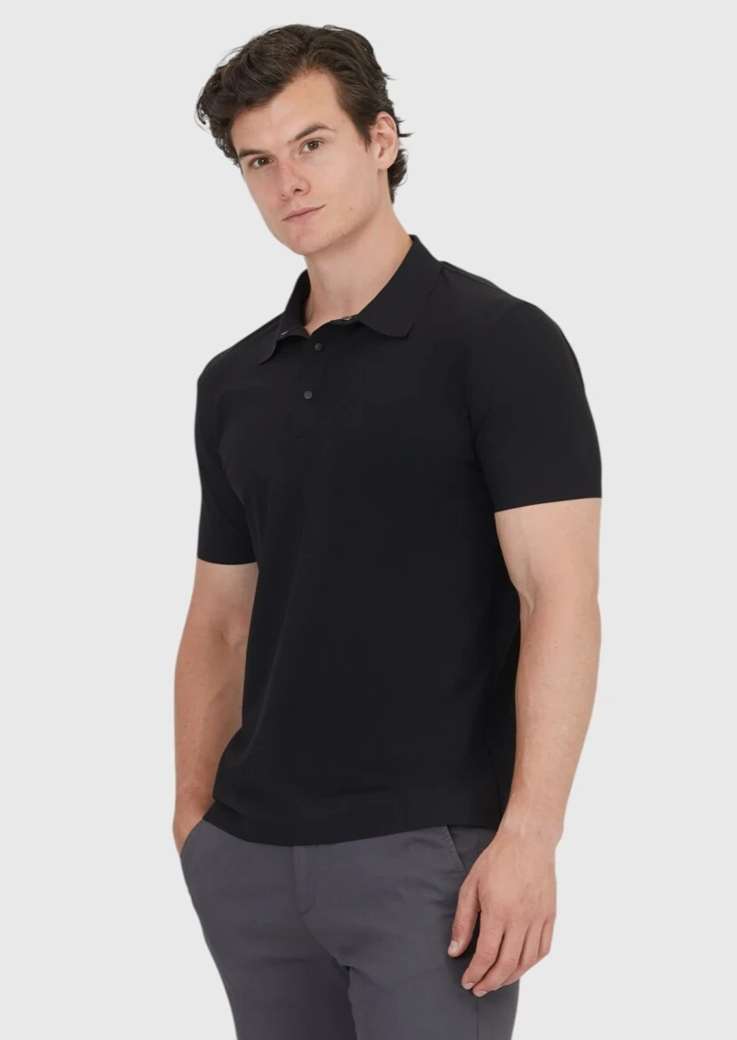 Siyah Düz Polo Yaka T-Shirt - 1