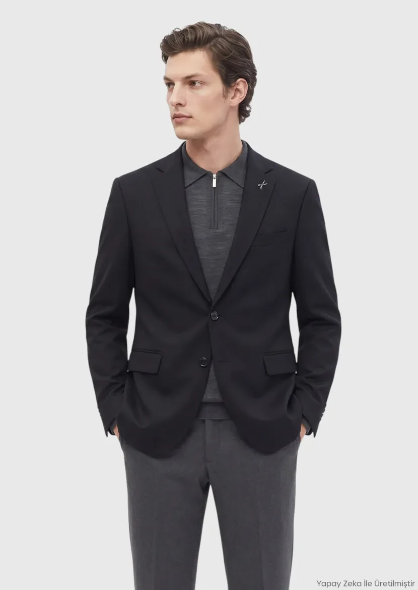 Siyah Düz Regular Fit %100 Kaşmir Ceket 
