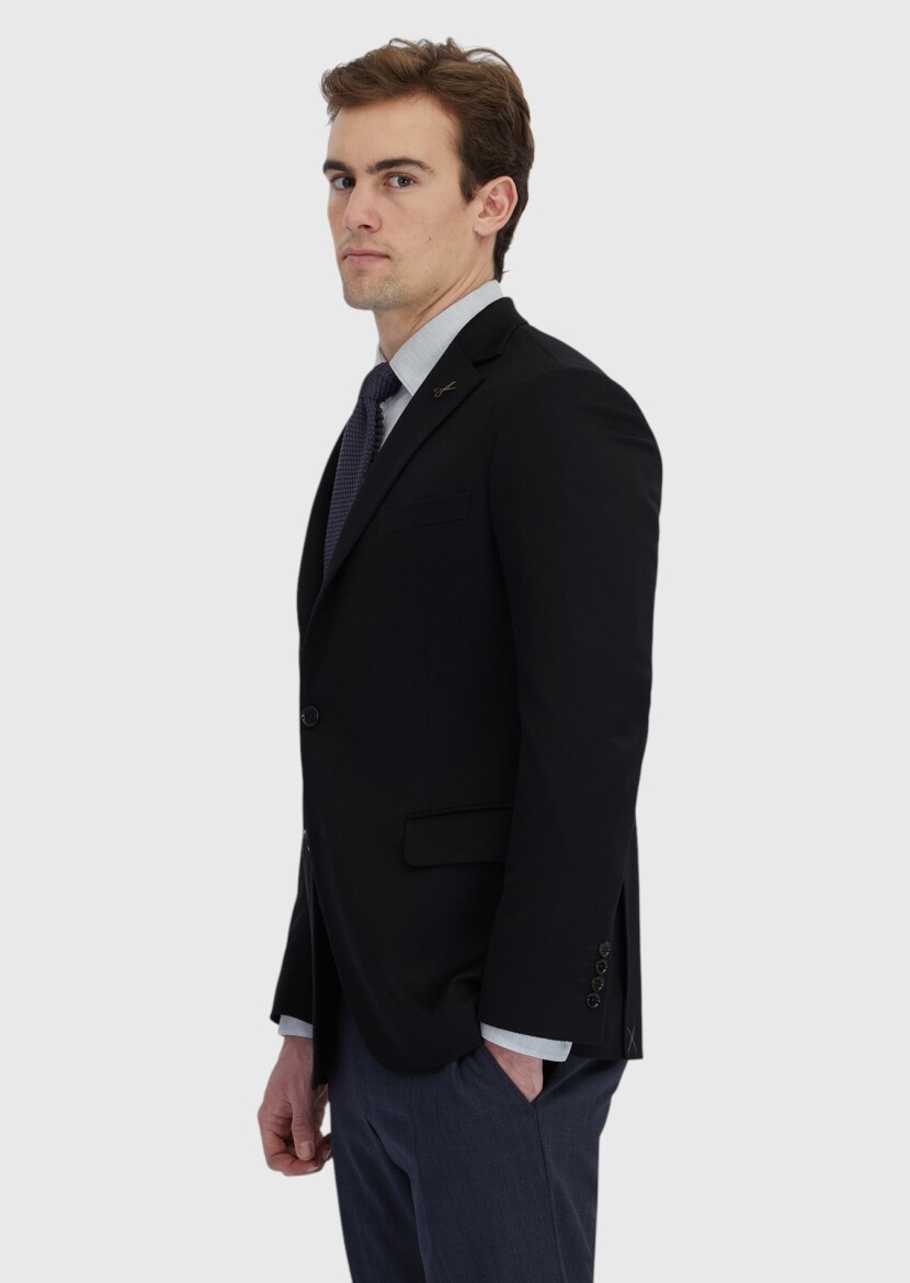 Siyah Düz Regular Fit %100 Kaşmir Ceket - 3