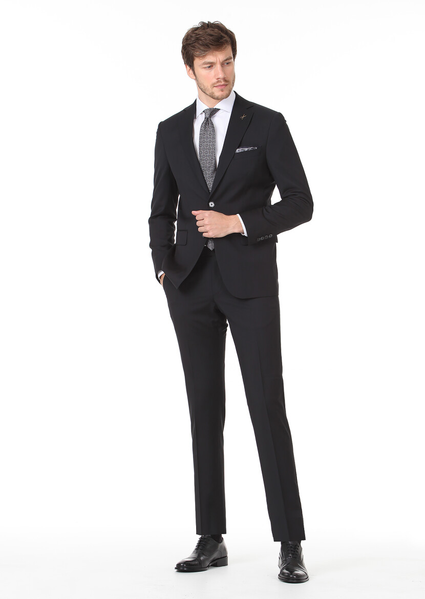 Siyah Düz Regular Fit %100 Yün Takım Elbise - 3