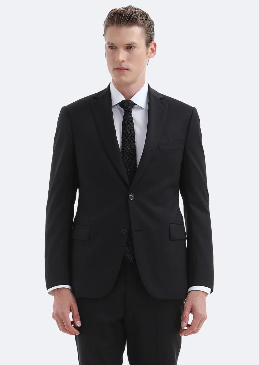 Siyah Düz Regular Fit %100 Yün Takım Elbise - 2
