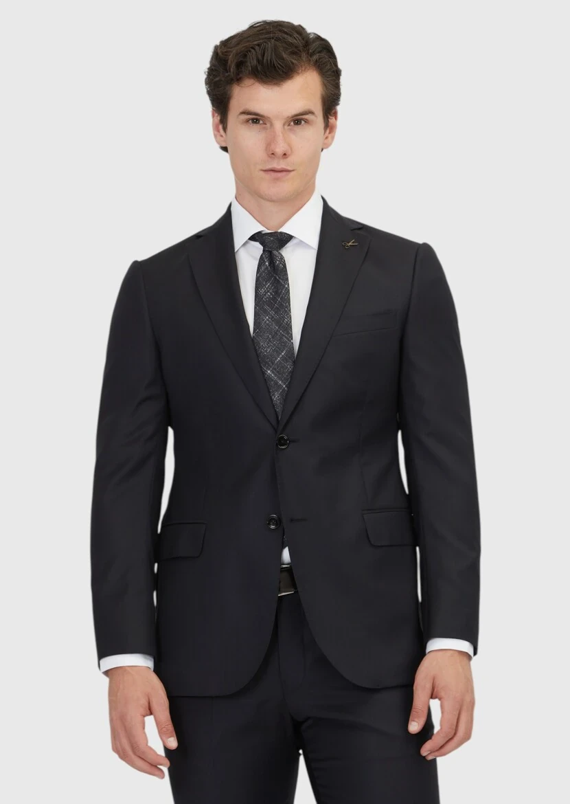 Siyah Düz Regular Fit %100 Yün Takım Elbise - 1