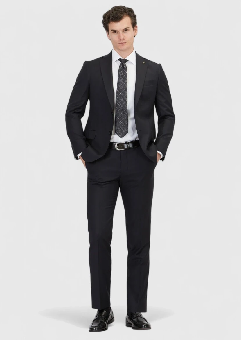 Siyah Düz Regular Fit %100 Yün Takım Elbise - 2