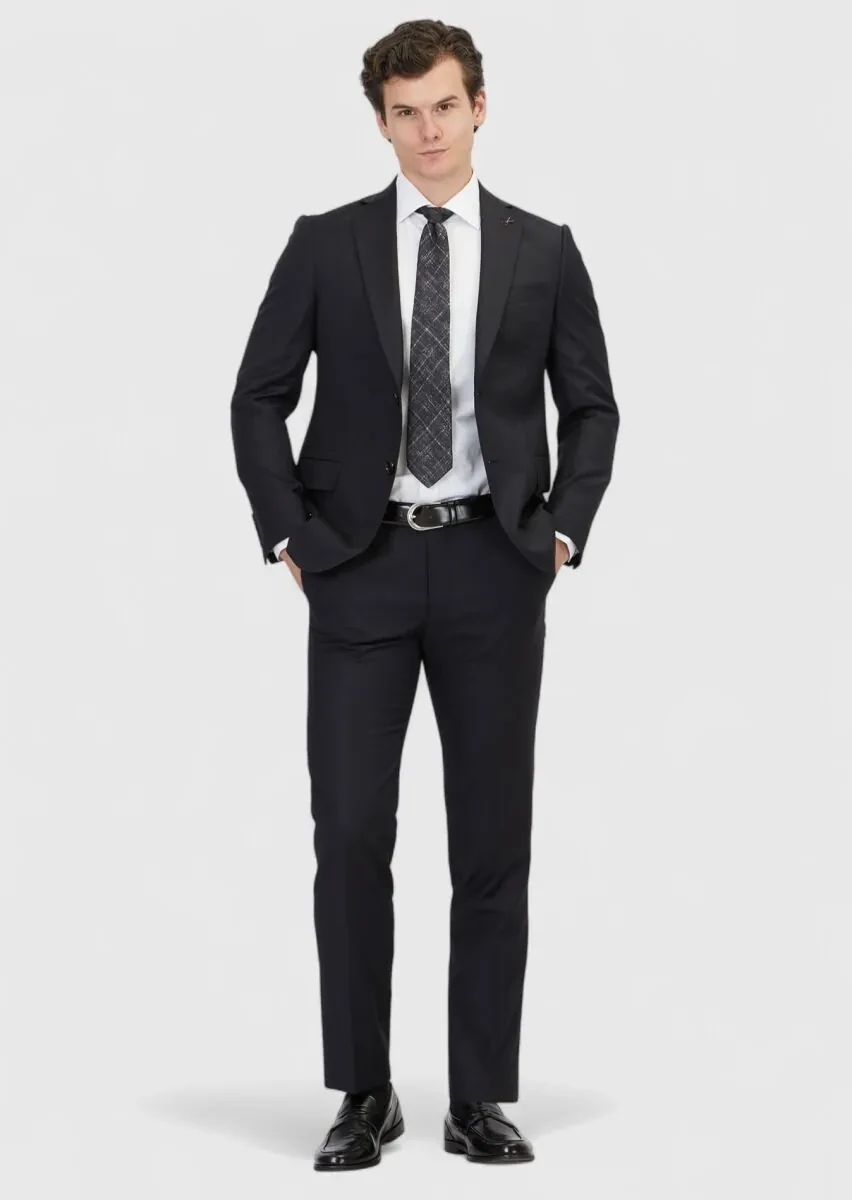 Siyah Düz Regular Fit %100 Yün Takım Elbise - 2