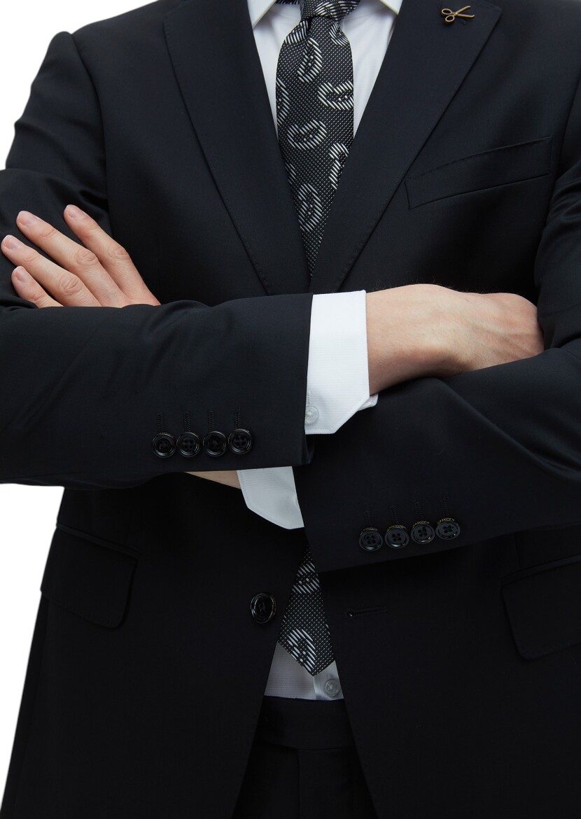 Siyah Düz Regular Fit %100 Yün Takım Elbise - 6