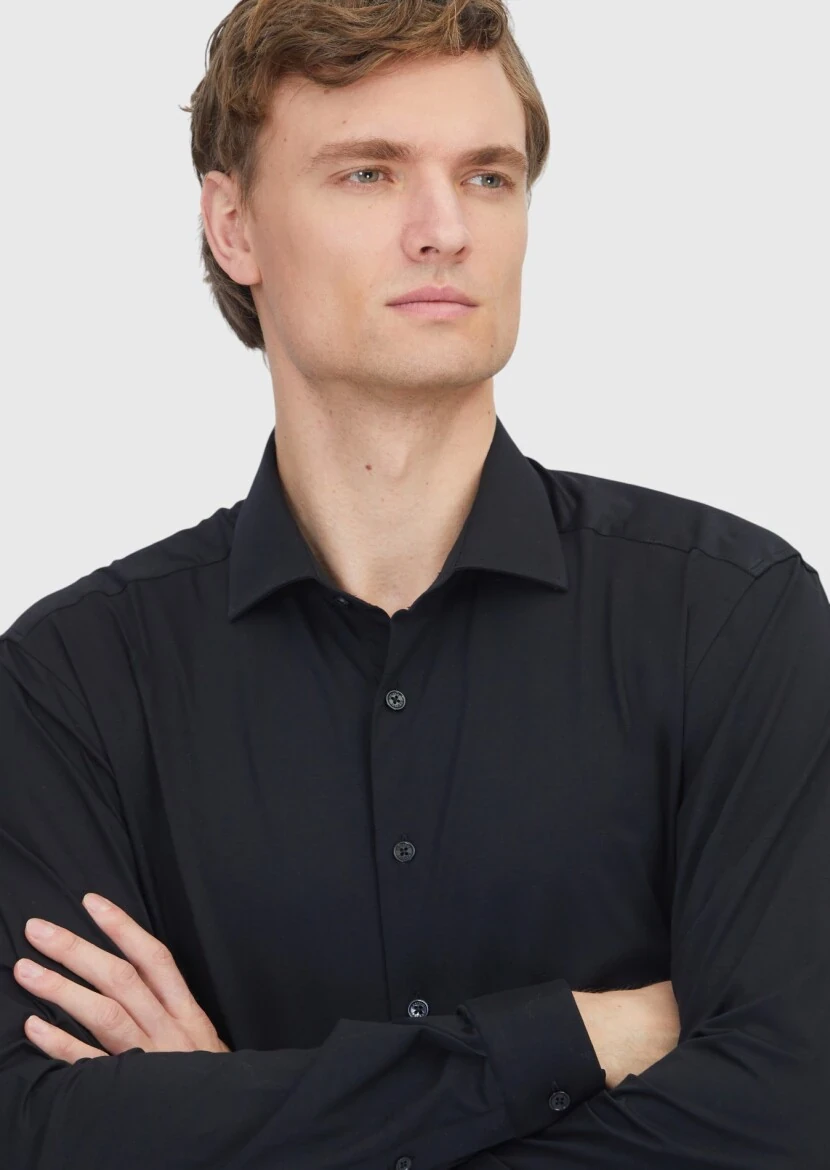 Siyah Düz Regular Fit Casual Pamuk Karışımlı Gömlek - 3