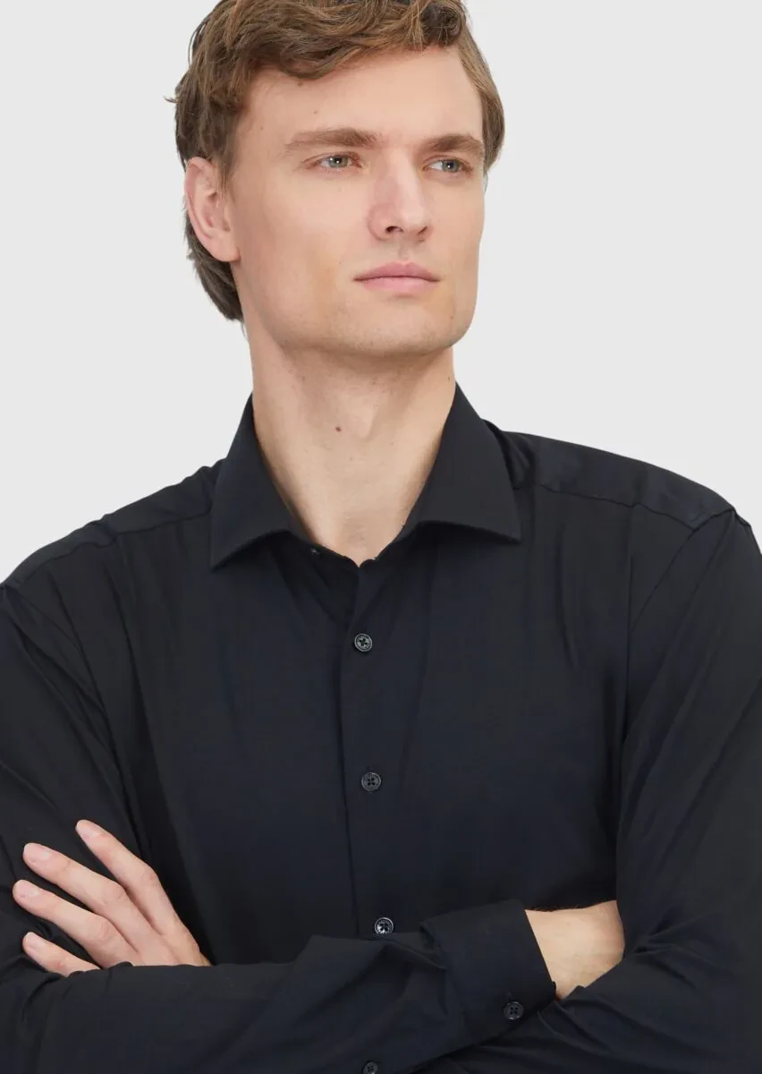 Siyah Düz Regular Fit Casual Pamuk Karışımlı Gömlek - 3