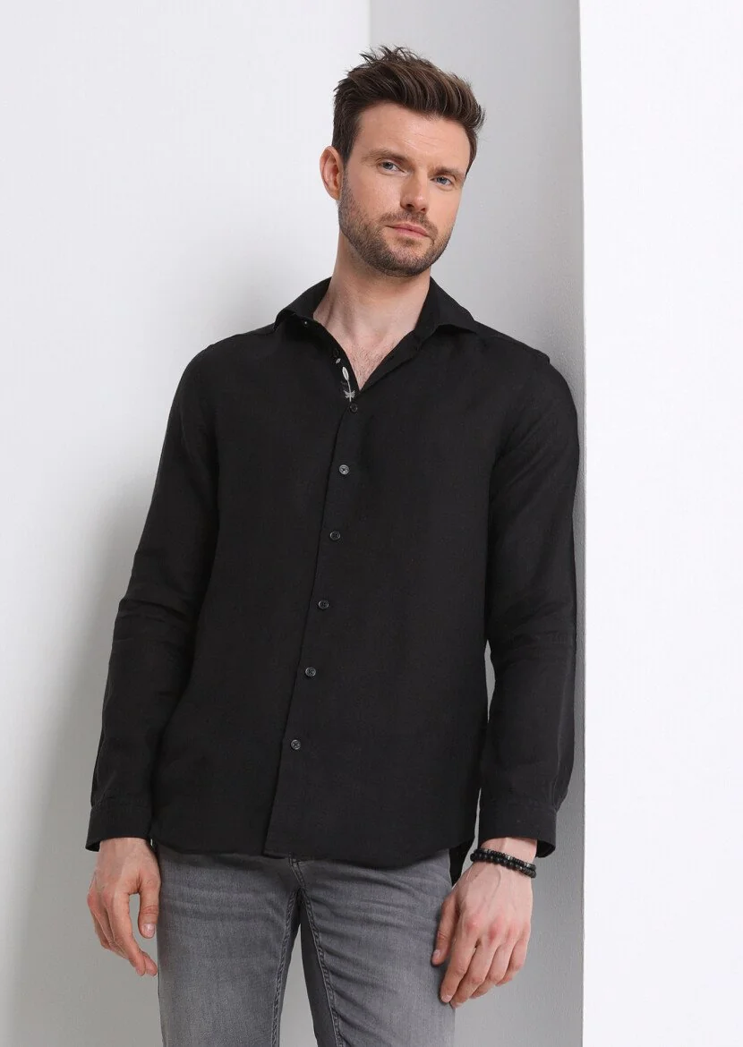 Siyah Düz Regular Fit Dokuma Casual %100 Keten Gömlek 