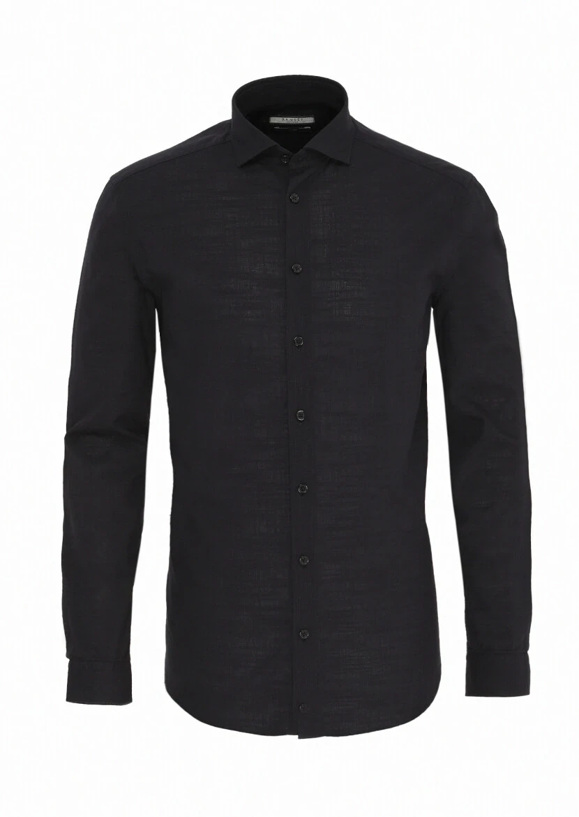 Siyah Düz Regular Fit Dokuma Casual %100 Keten Gömlek - 1
