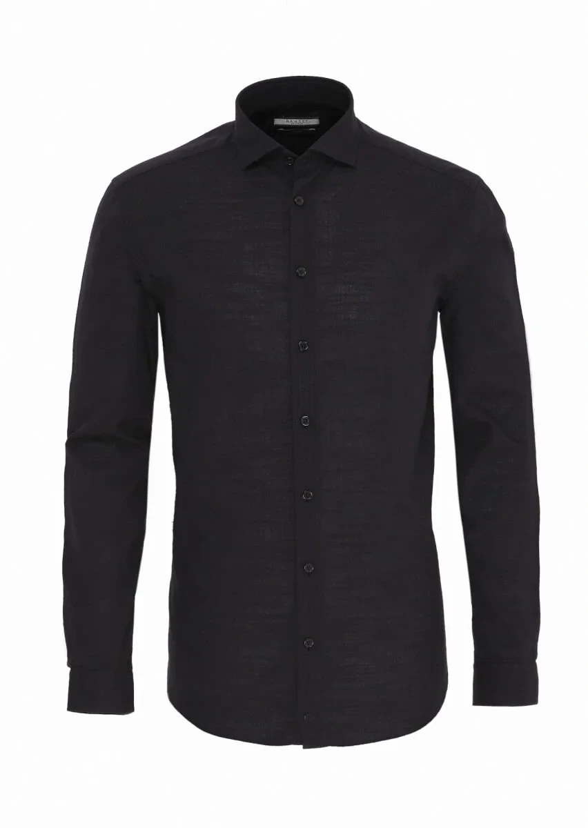 Siyah Düz Regular Fit Dokuma Casual %100 Keten Gömlek - 1