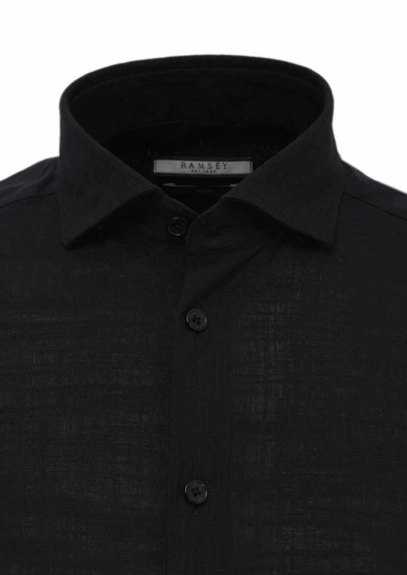 Siyah Düz Regular Fit Dokuma Casual %100 Keten Gömlek - 2