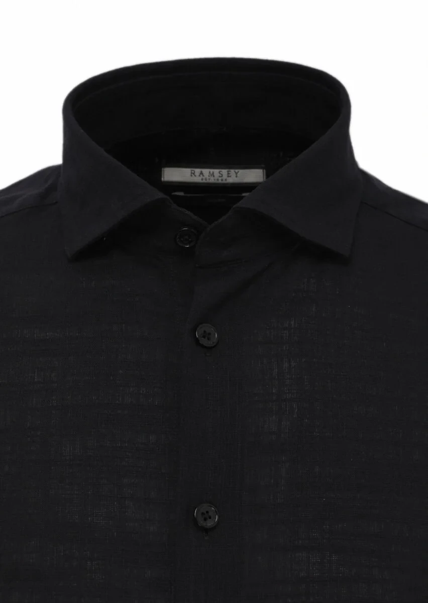 Siyah Düz Regular Fit Dokuma Casual %100 Keten Gömlek - 2