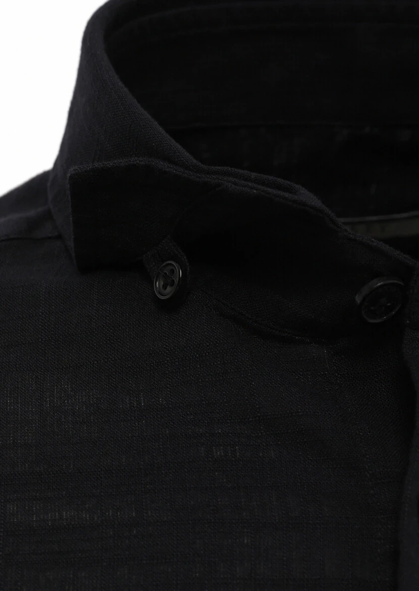 Siyah Düz Regular Fit Dokuma Casual %100 Keten Gömlek - 3